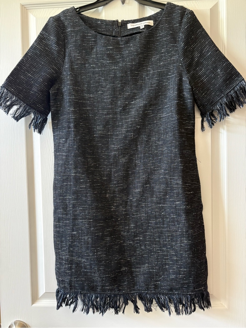Cupcakes & Cashmere Small Black Tweed Fringe Shift Dress Metallic Workwear Mini